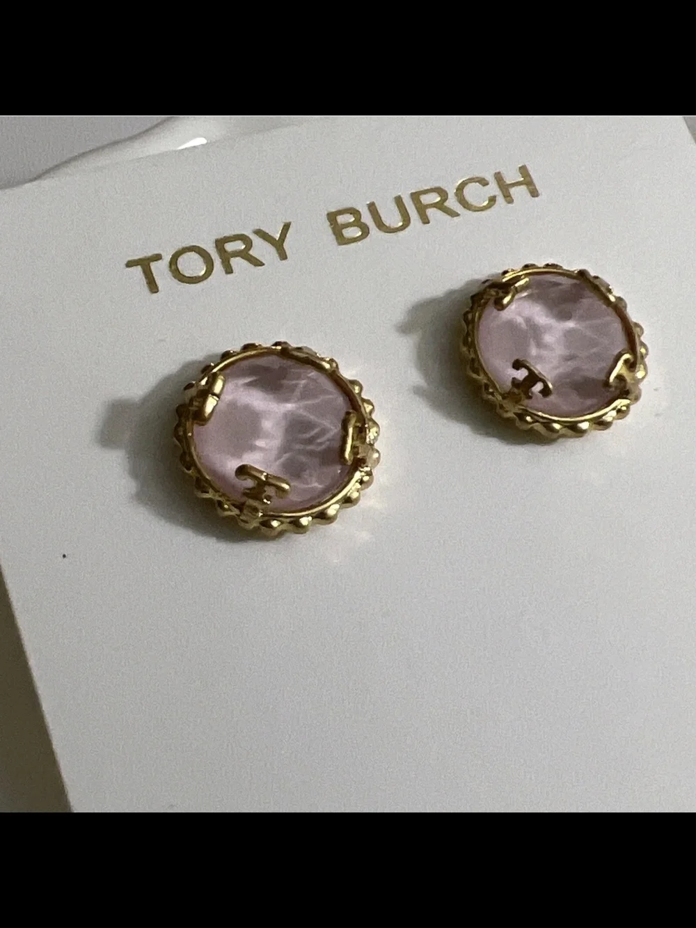 Tory Burch Gold-Tone Stud Earrings with Pale Pink Cabochon